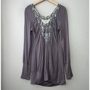 Studio Y Drape Tunic Top Size XL Gray Going Out Silver Sequin Bling Embellished